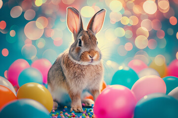 Fototapeta na wymiar Cute Easter bunny with balloons. Easter party. Generative Ai