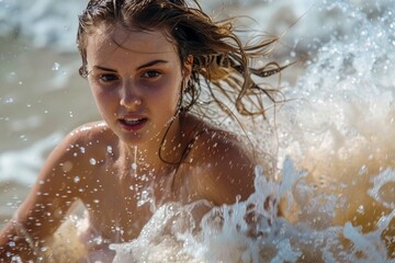 Fototapeta premium Young Woman Enjoying Vibrant Ocean Waves on Sunny Beach Day, A Feeling of Freedom and Joy