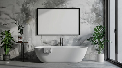 mock up poster frame in modern interior Stylish Scandinavian living room with design furniture, plants, bamboo book stand and wooden table, 3D render  3D illustration.