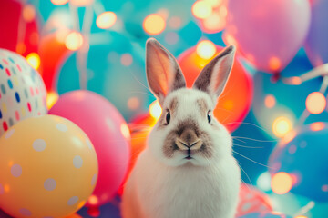 Cute Easter bunny with balloons. Easter party. Generative Ai - 753582963