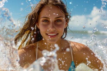 Obraz premium Young Woman Enjoying Summer Fun Splashing in the Sea with Sunlit Water Droplets