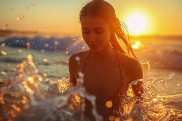 Young Woman Enjoying Serene Sunset at Sea, Immersed in Shimmering Ocean Waves, Golden Hour Beauty
