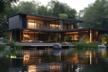 A modern minimalist house nestled along the banks of a tranquil river