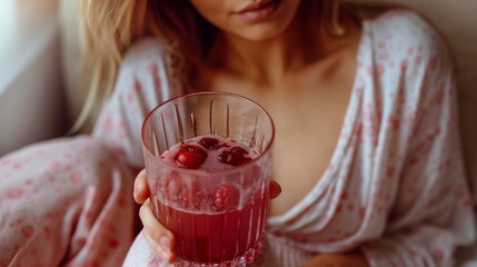 Young woman drinking Trendy sleepy girl cherry mocktail. Popular Magnesium cherry drink for relax, deep sleeping. Bedtime routine for better sleep concept. Generative ai - obrazy, fototapety, plakaty