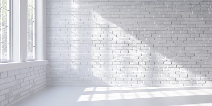 Empty room interior mock up with white brick wall and large window