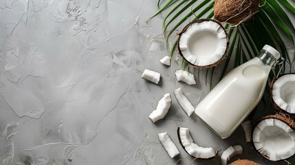 Coconut milk bottle, fruit and peel on gray background. Top view - obrazy, fototapety, plakaty