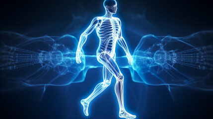 concept of orthopedic technique and joints, graphics of a running person with x-ray