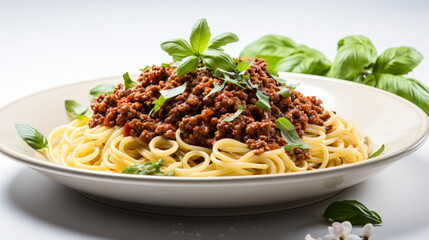 Closeup of spaghetti with tomato sauce and basil. Noodles, italian food