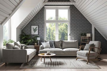 Fototapeta premium Attic living room interior, 3d rendering mock-up illustration