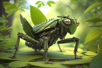 A robot grasshopper sitting on leaves in the outdoor - obrazy, fototapety, plakaty