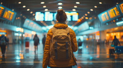 Traveler with yellow backpack facing airport departure boards. - obrazy, fototapety, plakaty