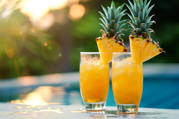 pineapple mocktails on the background of the pool