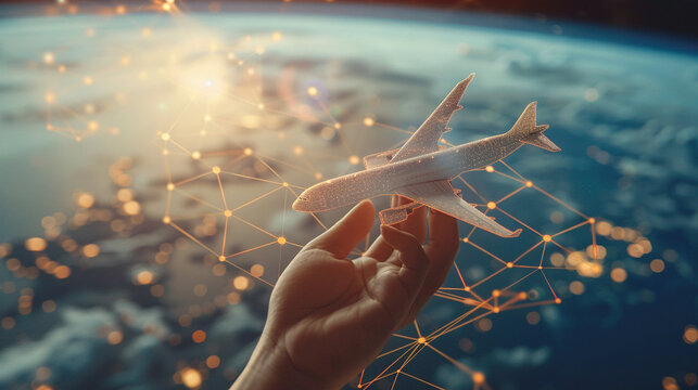 Hand holding airplane model over glowing digital network.