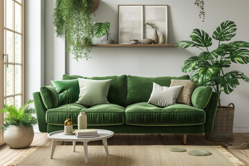 Green sofa and white wall with potted plants in modern living room
