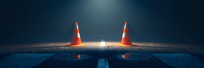 Two traffic cones isolated in the middle of  the road to stop the traffic. - obrazy, fototapety, plakaty
