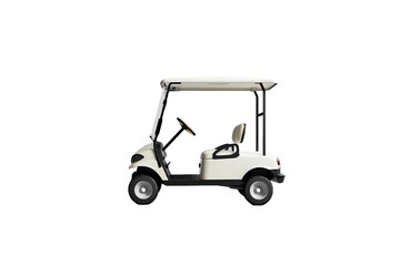 A white golf cart, perfect for navigating grassy courses or transporting equipment, sits alone on a clean background