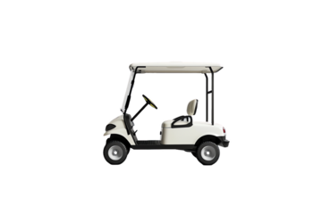 A white golf cart, perfect for navigating grassy courses or transporting equipment, sits alone on a clean background