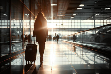 Silhouette of a lone traveler with suitcases in an airport terminal. - obrazy, fototapety, plakaty