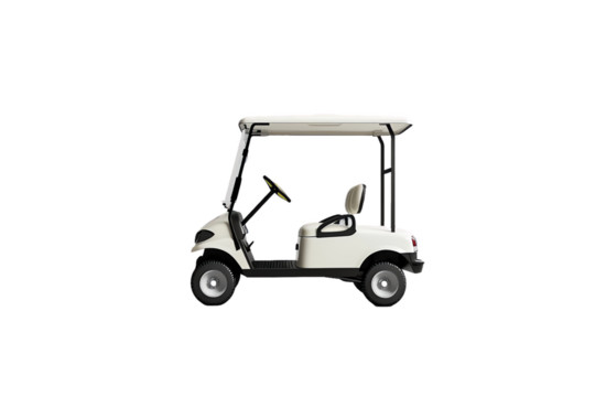 A white golf cart, perfect for navigating grassy courses or transporting equipment, sits alone on a clean background
