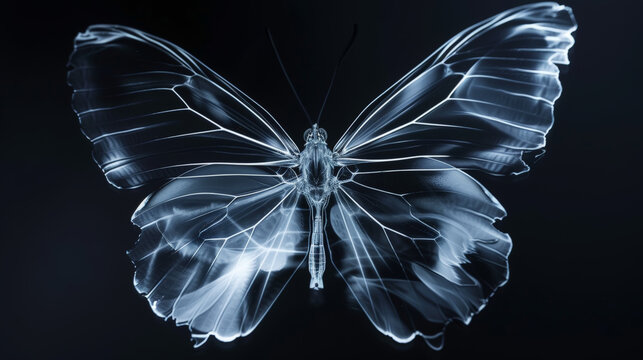 X-ray image of a butterfly on a black background. Anatomy of insects. Aesthetic nature concept. Generative AI