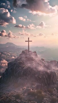 a cross on a mountain in a beautiful shining sky scene rays of light shining into the holy cross of Jesus, death and resurrection of Jesus Christ 4k vertical video