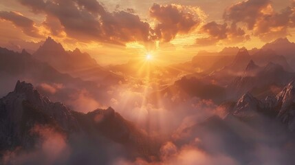 A breathtaking sunset casts golden rays and shadows over a serene mountain landscape, evoking a sense of peace and grandeur. - obrazy, fototapety, plakaty