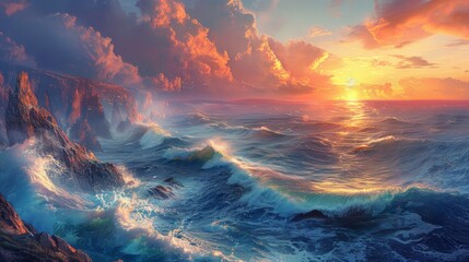 An awe-inspiring digital art scene depicting the sun setting over the ocean, with massive cliffs enduring the force of majestic waves.