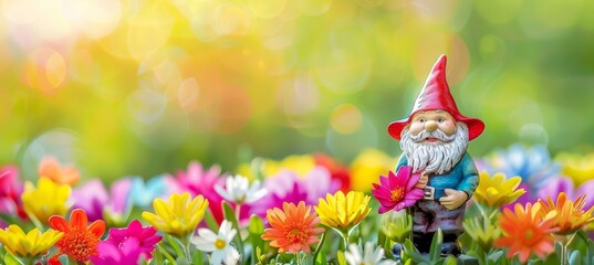 Enchanting garden gnome in spring forest with greenery on blurred natural background, space for text