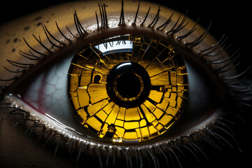 macro of a yellow human eye breaking into small pieces of glass