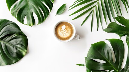 Flat lay frame blogger concept. Coffee, stationery, tropical leafs on white background. Minimal hipster concept,generative ai