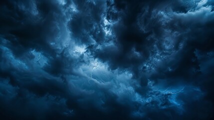 Naklejka na ściany i meble Dramatic, dark, blue cloudy sky overlay, Sky-overlays. Dramatic sky and lightning. Bad weather with dark clouds. Rain And Thunderstorm In Dramatic Sky