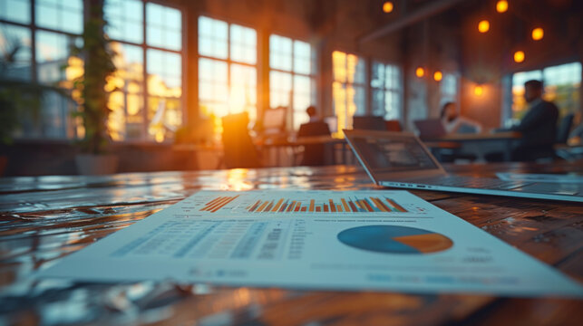 business documents on office table with smart phone and laptop computer and graph financial with social network diagram and three colleagues discussing data in the background. - Powered by Adobe