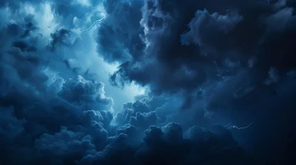Fotobehang Dramatic, dark, blue cloudy sky overlay, Sky-overlays. Dramatic sky and lightning. Bad weather with dark clouds. Rain And Thunderstorm In Dramatic Sky © Sasint