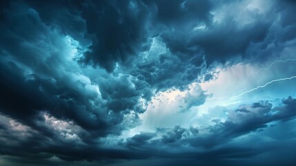 Dramatic, dark, blue cloudy sky overlay, Sky-overlays. Dramatic sky and lightning. Bad weather with dark clouds. Rain And Thunderstorm In Dramatic Sky