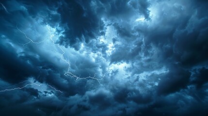 Dramatic, dark, blue cloudy sky overlay, Sky-overlays. Dramatic sky and lightning. Bad weather with...