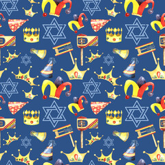 Happy Purim seamless pattern hand drawn background.