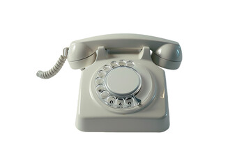 A black rotary phone sits alone on a white background, a relic of a bygone era of communication technology