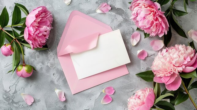 Mockup invitation, blank paper greeting card, pink envelope and peonies on gray stone table. Flower background. Flat lay, top view.,generative ai,