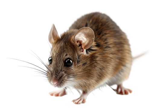 Small white furry rat with whisker twitching, isolated on a bright transparent background