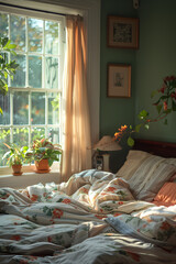 A cozy bedroom with a hardwood bed and a large window showcasing plants on the window sill. The interior design includes wood flooring and a relaxing atmosphere