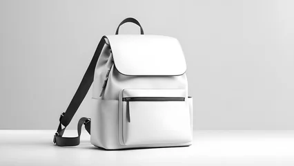 Fotobehang 3D white backpack modern student gear on clean background representation for online education © Jati