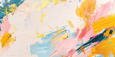An explosion of colorful brushstrokes in yellow, blue, and pink, this abstract painting can serve as a bold statement piece in a gallery or provide a splash of color to creative marketing materials.