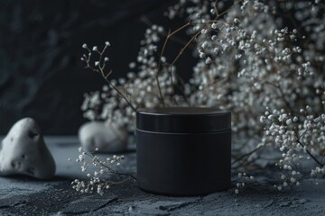  mockup of a jar of cream, black, on a dark background with flowers, minimalism