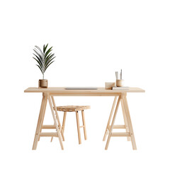 Empty wooden table and chairs with a brown stain create a simple dining set in a homey interior