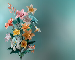 Origami bouquet of flowers. Pastel color. Minimalist style. Blue/green pastel background. 