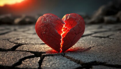 Shattered Romance: The Symbolism of a Red Stone Heart on Cracked Concrete"