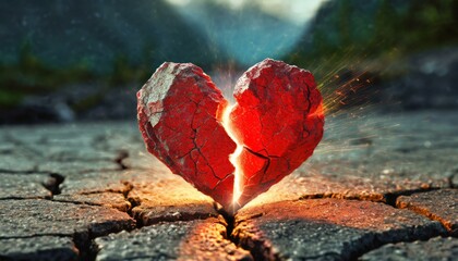 Shattered Romance: The Symbolism of a Red Stone Heart on Cracked Concrete"