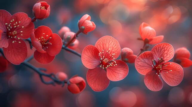 Vibrant red spring blossoms on branch, close-up view. nature's beauty in bloom. perfect for backgrounds and wallpapers. AI
