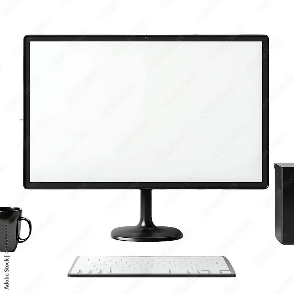 Wall mural a wide black lcd computer monitor with a blank screen sits on a desk for business or office use