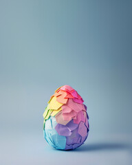 Minimalist pastel blue background. Colorful origami Easter egg made of colorful paper.